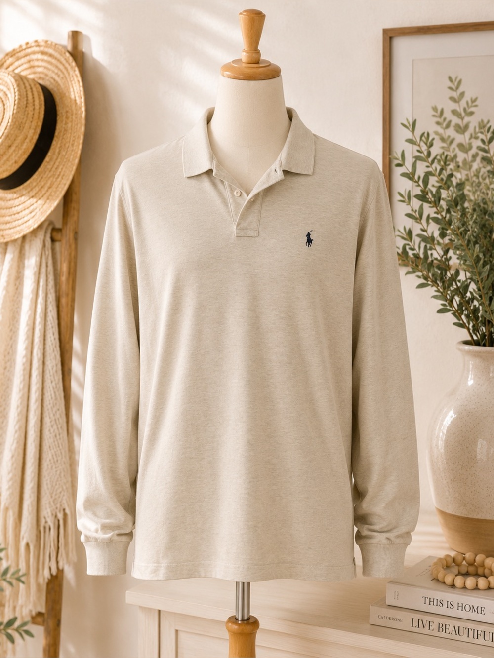 Polo Ralph Lauren Long Sleeve Polo Shirt Men’s L Beige Classic Preppy Cotton